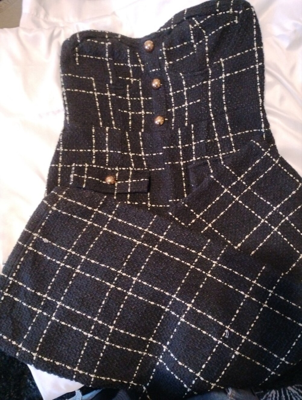 Cider Black Tweed Strapless Romper with White Windowpane